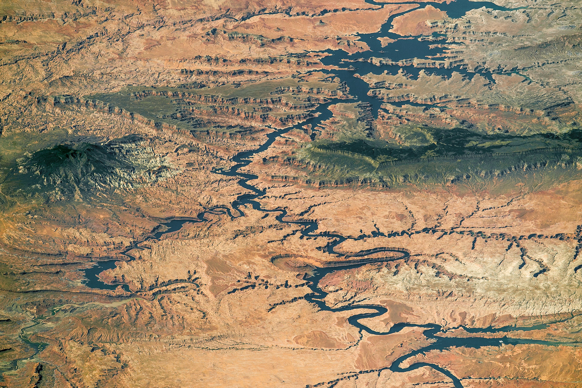 NASA aerial view of Lake Powell winding through the canyon landscape of the Colorado Plateau.